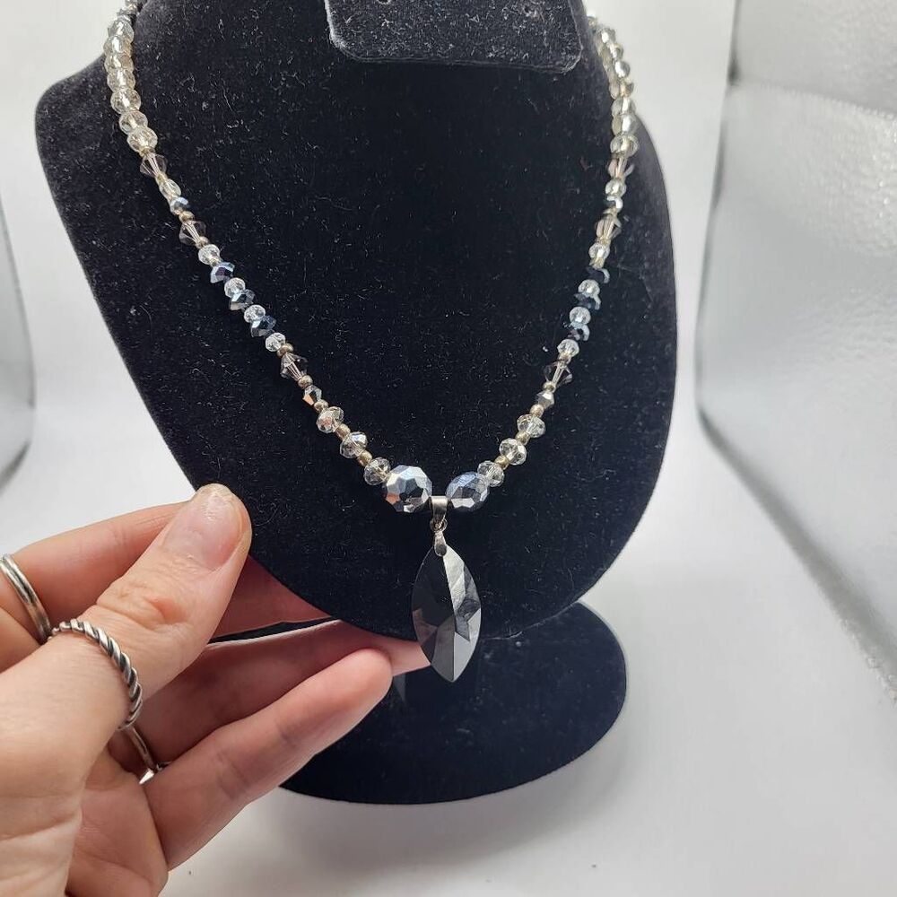 Artisan Made Crystal Silver and Hematite Faceted Beads with Jet Pendant